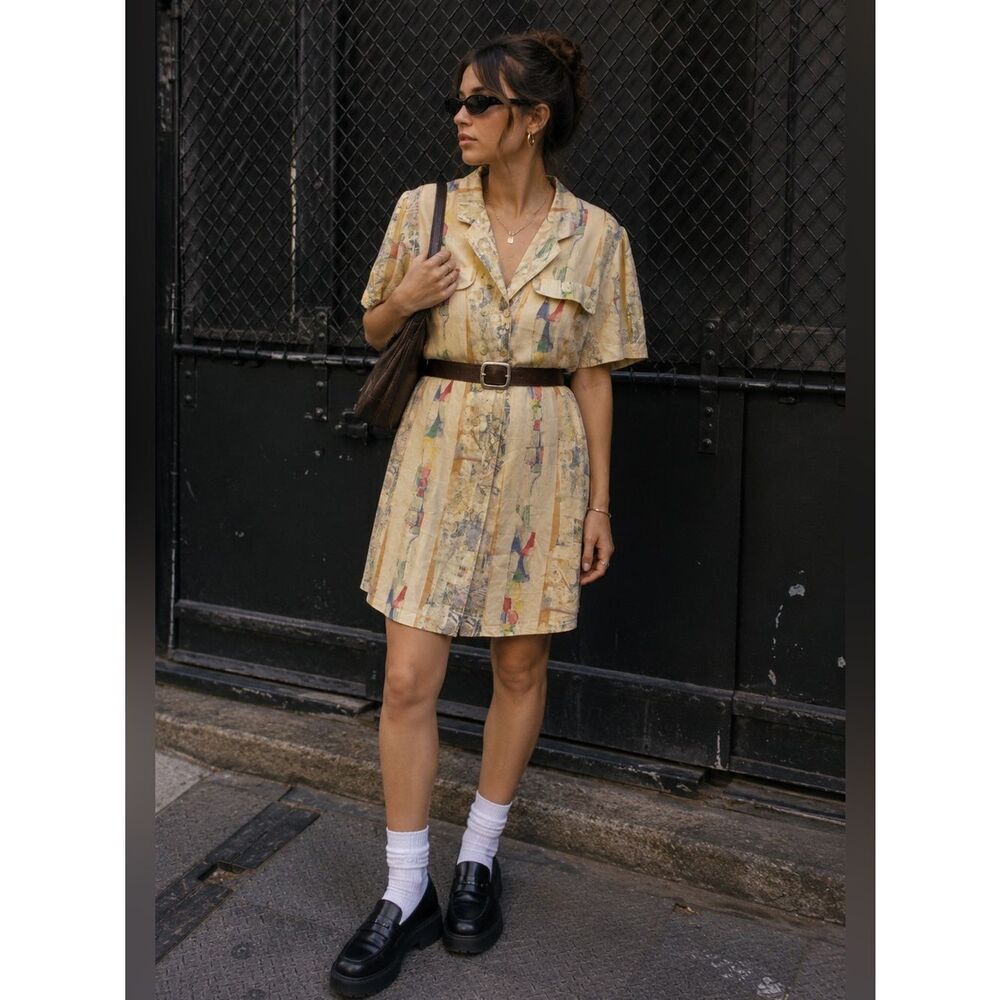 🎀Vintage🎀Modena Butter Yellow Short-Sleeve Button-Front Shirt Dress Size 10
